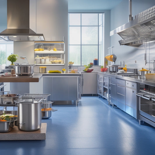 A bustling commercial kitchen scene with stainless steel countertops, shelves stacked with chef hats, utensils, and ingredients, and a central island featuring a stand mixer, immersion blender, and sous vide machine.
