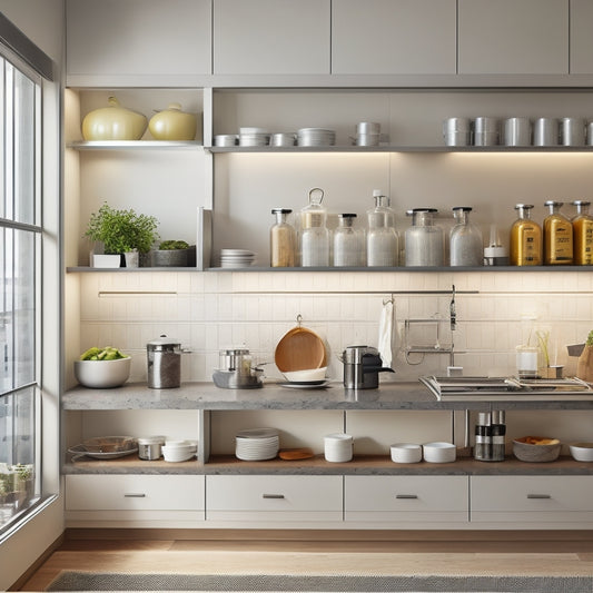 A modern kitchen with sleek, adjustable shelf inserts displaying organized spices, dishes, and cookware. Bright, natural light illuminates the space, highlighting the versatility and efficiency of optimized storage solutions in a minimalist setting.