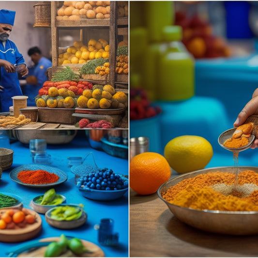 A split-screen image featuring a microscope examining a food sample on one side, and a bustling Indian market with vibrant fruits and spices on the other, with a subtle gradient of blue and orange hues.