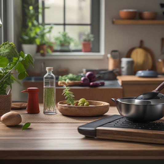 A tidy kitchen counter with a laptop open to a Notion template, surrounded by a few healthy ingredients, a wooden spoon, and a small potted herb plant, with a blurred background of kitchen utensils.