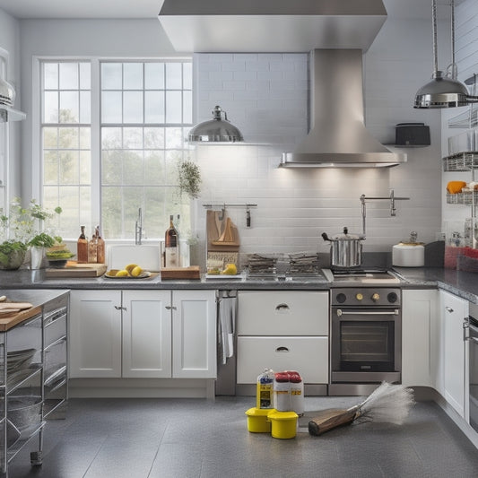 A clutter-free kitchen with a clean and organized countertops, a chef in a white apron and gloves, standing in front of a stainless steel sink, with a fire extinguisher and a first aid kit in the background.