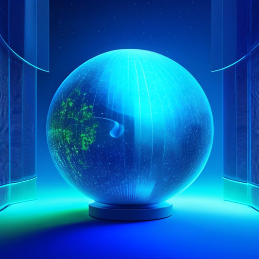 A futuristic, minimalist illustration depicting a glowing blue orb surrounded by orbiting folders, with glowing green lines connecting them, set against a dark, gradient blue background.