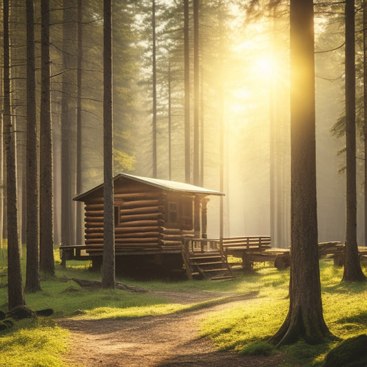 A serene, sun-drenched forest with towering trees, interspersed with neatly stacked timber planks, a rustic wooden cabin in the background, and a subtle hint of machinery in the distance.
