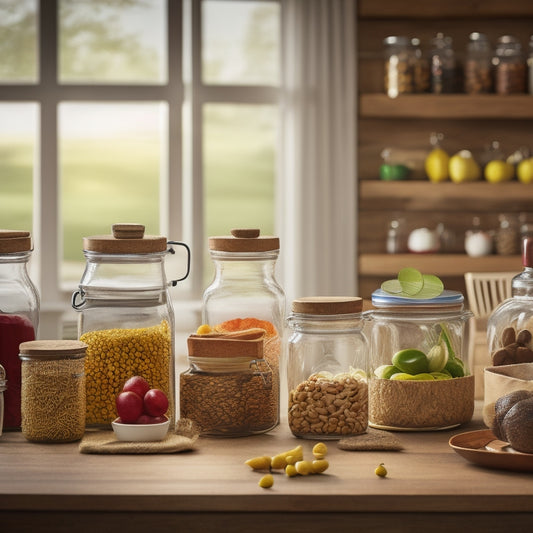 A tidy kitchen counter with a few neatly arranged jars, baskets, and containers, each adorned with colorful, laminated labels featuring illustrations of food items, against a warm, natural wood background.