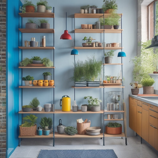 A modern kitchen showcasing tall shelving units filled with colorful spices, hanging pots, and vibrant plants; a sleek ladder leaning against the shelves, maximizing vertical storage against a bright, airy backdrop.