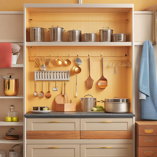 A tidy kitchen cabinet with adjustable dividers, soft-close drawers, and a pegboard on the back of the door, showcasing organized pots, pans, and utensils in a warm, golden lighting.