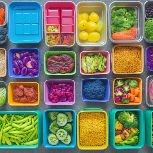 A vibrant, overhead shot of a variety of colorful, plant-based meals arranged in a grid of reusable containers, surrounded by fresh fruits and vegetables, on a sleek, modern kitchen counter.