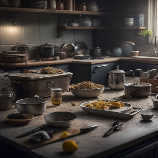A cluttered kitchen counter with crumb-covered appliances, scattered utensils, and stacked dishes, with a hint of darkness and shadows suggesting unknown items lurking beneath the mess.