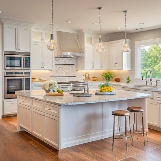A bright, modern kitchen with sleek white cabinets, stainless steel appliances, and a large island with a built-in sink, surrounded by a warm, natural stone backsplash and polished hardwood floors.