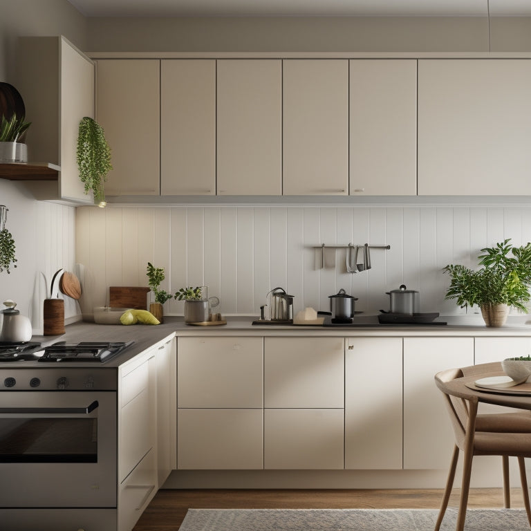 A serene, well-lit small kitchen with sleek, minimalist cabinets, a tidy cooktop, and a few carefully placed decorative items, surrounded by ample negative space and a warm, neutral color palette.