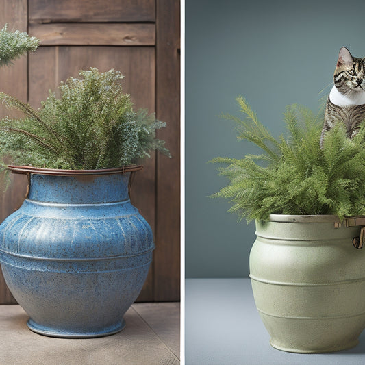 A before-and-after split-screen image: a dirty, worn kitty litter jug on the left, and on the right, the same jug transformed into a stylish bucket with a distressed finish, adorned with greenery and decorative twine.