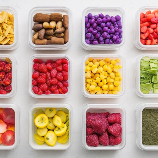 A colorful, overhead shot of a countertop with 3-4 transparent, stackable containers in varying sizes, each filled with a different, vibrant, and healthy food group (e.g. fruits, vegetables, proteins, grains).