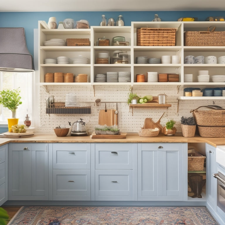 A clutter-free kitchen with a wall of cabinets, one of which is open to reveal a pull-out shelf, baskets, and a pegboard, showcasing maximized storage space and organization.