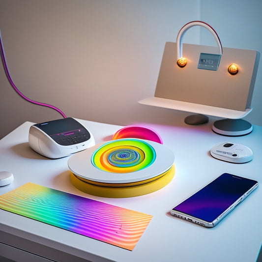 A futuristic, minimalist desk with a sleek laptop, a wireless printer, and a smartphone, surrounded by swirling, colorful lines and circles, symbolizing innovation and connectivity.