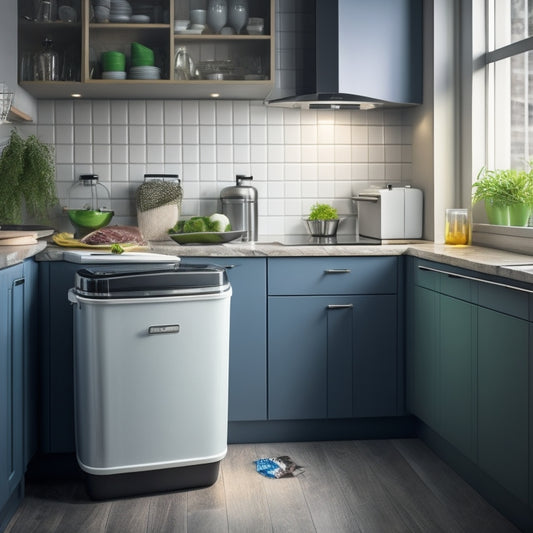 A tidy kitchen with a sleek, modern cabinet featuring a pull-out trash can, partially open to reveal a neatly contained heap of garbage, contrasted with a cluttered, messy countertop in the background.