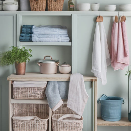 A neatly organized kitchen linen closet with folded towels, aprons, and oven mitts in pastel hues, stacked on wooden shelves with woven baskets and a few potted herbs on top.