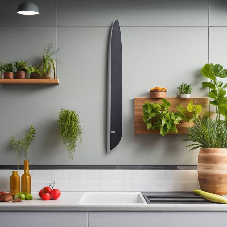 Visualize a sleek, vertical magnetic knife strip mounted on a minimalist kitchen wall. Display a variety of colorful, modern knives elegantly arranged, with a small potted herb plant nearby and soft lighting enhancing the space.