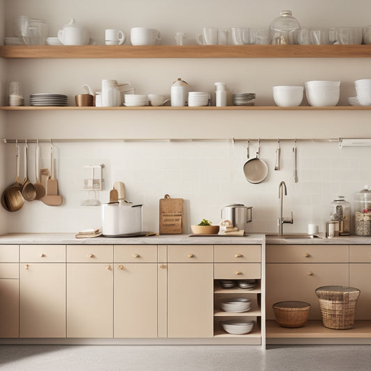 A minimalist kitchen in a studio apartment, with a compact island, soft-close drawers, and wall-mounted shelves, showcasing organized cookware, utensils, and ingredients in a neutral color scheme.