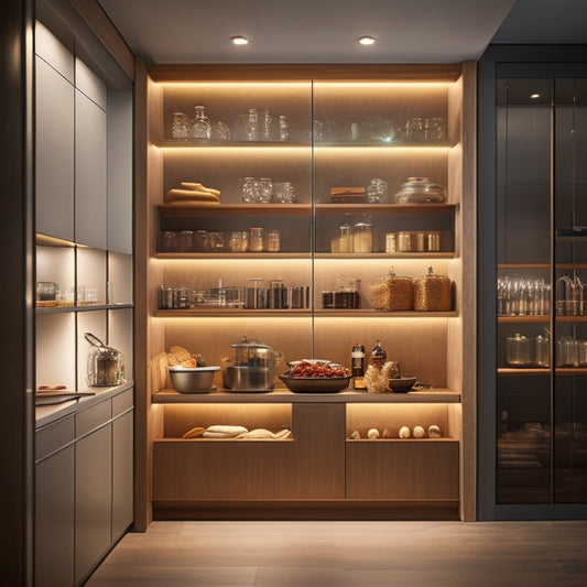 A sleek, modern pantry with crystal-clear glass shelves, warm wood accents, and a central island featuring a built-in sink, surrounded by a subtle LED lighting glow.
