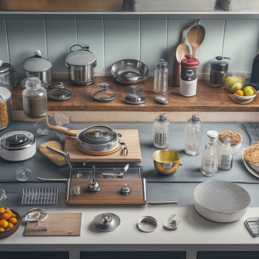 A tidy kitchen counter with a compact utensil organizer in the corner, filled with neatly arranged kitchen tools, surrounded by a few strategically placed adhesive hooks and a small turntable.