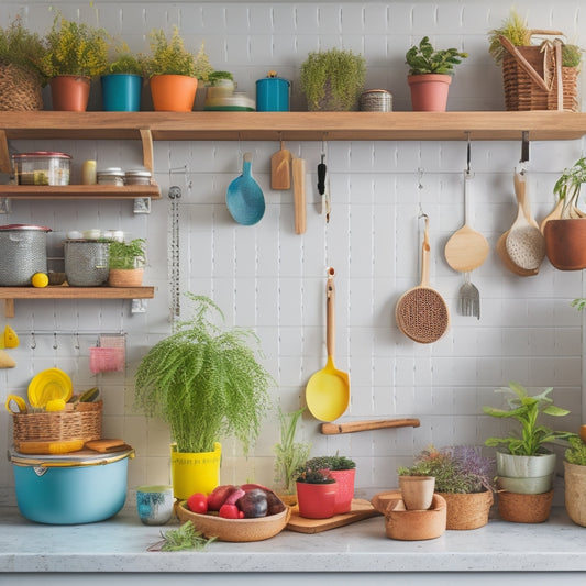 A vibrant kitchen scene featuring a white pegboard filled with colorful tools, pots, and utensils; hanging plants, organized jars, and a wooden countertop, creating a cozy, efficient DIY storage atmosphere.