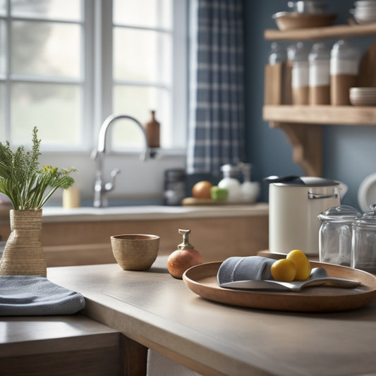 A tidy kitchen counter with a few, carefully selected utensils placed in a wooden utensil holder, surrounded by empty counter space and a few strategically placed kitchen towels.