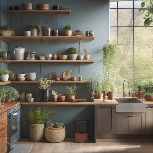 A modern kitchen with sleek, wall-mounted racks displaying colorful pots, utensils, and herbs. Natural light streams in from a window, highlighting the organized space with a rustic wooden countertop and potted plants.