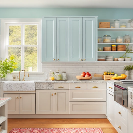 A bright and airy kitchen with sleek white cabinets, adorned with colorful, shape-customizable labels on jars, bins, and drawers, showcasing a harmonious blend of organization and personal style.