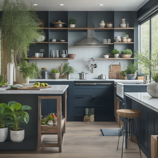 A sleek, modern kitchen featuring a large, multi-level island with open shelves, elegant wood cabinetry, and stylish bar stools, surrounded by vibrant plants and chic kitchenware, showcasing organized pots and cozy decor elements.
