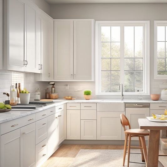 A bright, modern kitchen with sleek, white cabinets featuring soft-close drawers, pull-out shelves, and a built-in utensil organizer, illuminated by warm, natural light pouring in through a large window.