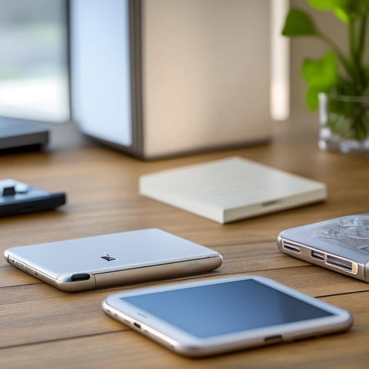 A sleek, silver iPhone lies on a wooden desk next to a small, compact flash drive with a subtle LED light, surrounded by scattered files and papers, with a subtle blurred background.