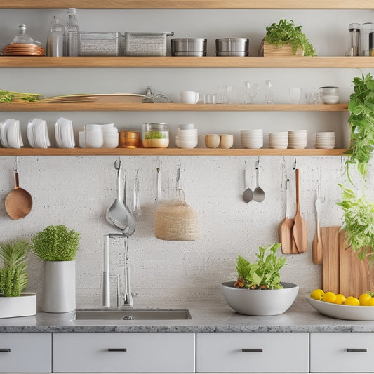 A bright, modern kitchen with sleek countertops, organized utensil drawers, and a pegboard displaying frequently used items, surrounded by lush greenery and minimal, thoughtfully arranged decorative elements.