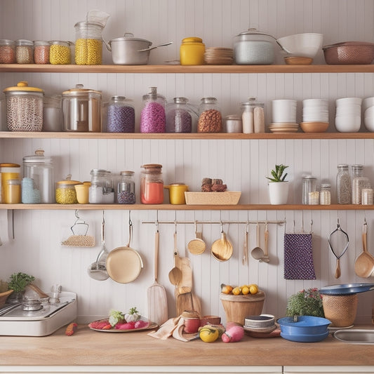 A cozy kitchen featuring stylish, multi-tiered shelves filled with colorful jars, sleek containers, and hanging utensils, alongside a modern pegboard displaying pots and pans, all bathed in warm, inviting light.
