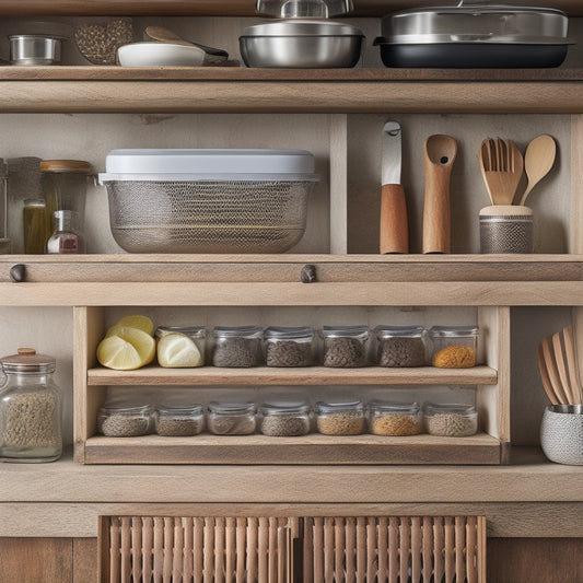 A beautifully organized kitchen drawer showcasing neatly arranged utensils, vibrant spice jars, and labeled containers, with a wooden divider separating tools. Soft natural light highlights the orderly, functional layout and inviting atmosphere.