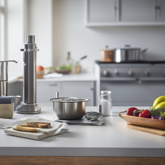 A tidy, modern kitchen counter with a stainless steel sink, a right-handed chef's knife laid parallel to a wooden cutting board, and a sleek, silver stand mixer in the background.