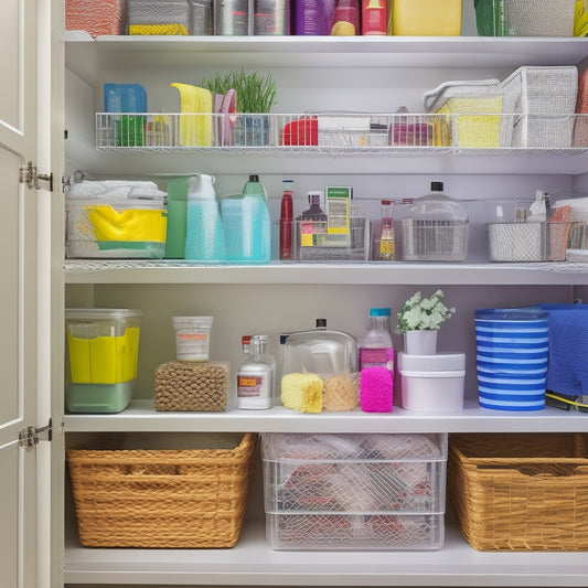 A neatly organized under-sink cabinet featuring stacked baskets, adjustable shelving, clear containers, and cleaning supplies, with a vibrant pop of color from decorative labels, all illuminated by soft, warm lighting to enhance visibility.