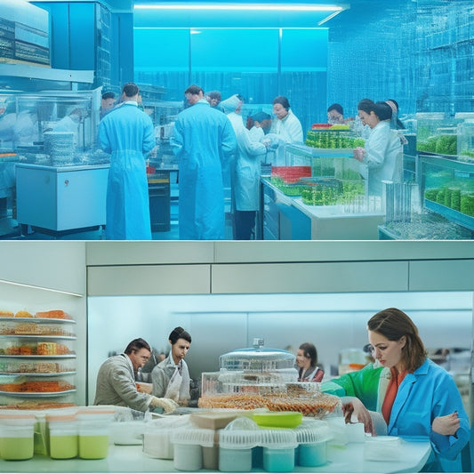 A split-screen image featuring a bustling university laboratory with students in lab coats examining petri dishes and microscopes, alongside a futuristic food storage facility with automated shelves and climate-controlled containers.
