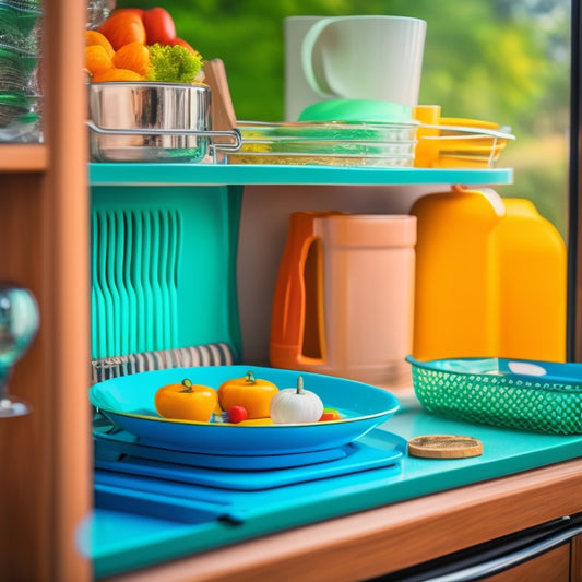 A sleek expandable dish rack, set in a cozy RV kitchen, filled with colorful plates and utensils, surrounded by compact storage solutions, natural light streaming through a window, showcasing efficient space utilization.