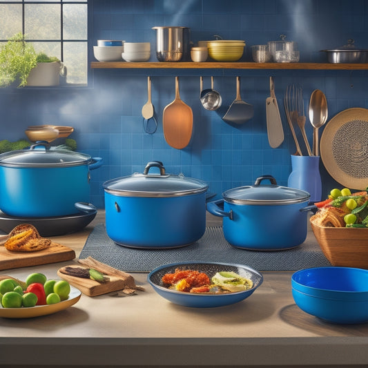 A steam oven with a variety of cookware pieces arranged around it, including stainless steel pots, silicone mats, and ceramic dishes in a harmonious, well-lit kitchen setting.