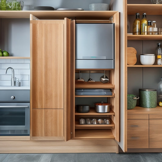 A tidy, modern kitchen with sleek cabinetry, featuring a pull-out spice rack, a slide-out utensil organizer, and a concealed drawer with a built-in knife block and cutting board storage.