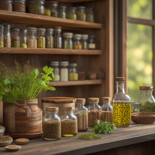 A rustic wooden spice rack adorned with glass jars filled with vibrant spices, surrounded by lush greenery, bamboo utensils, and recycled metal accents, all set against a bright, sunlit kitchen backdrop.