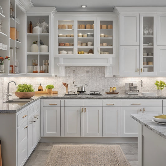 A modern kitchen with white cabinets, sleek countertops, and a large island, featuring a pull-out spice rack, a utensil organizer, and a hidden appliance garage, with a few kitchen essentials neatly stored.