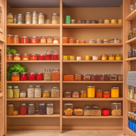 A modern kitchen pantry featuring a sleek, pull-out spice rack filled with colorful spice jars, neatly organized against a backdrop of wooden shelves and warm ambient lighting, evoking a sense of culinary inspiration.