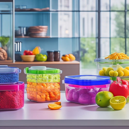 A colorful, modern kitchen counter with various shapes and sizes of transparent food storage containers, some stacked and others filled with fresh fruits and vegetables, surrounded by subtle background hints of a cityscape.