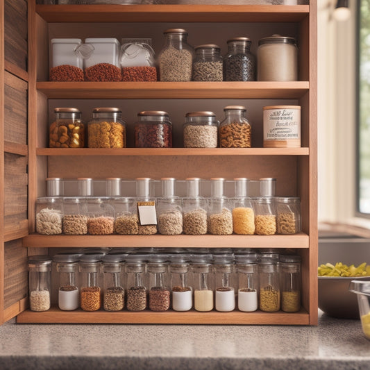 A beautifully organized kitchen drawer showcasing tiered spice racks, labeled containers, utensil dividers, and neatly stacked cutting boards, all illuminated by soft, natural light, emphasizing efficiency and order.