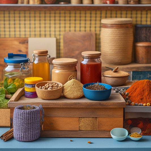 A colorful, clutter-free kitchen countertop with a few neatly arranged spice jars of varying sizes, a small wooden crate, and a woven basket, surrounded by a few scattered spices and a small notebook.