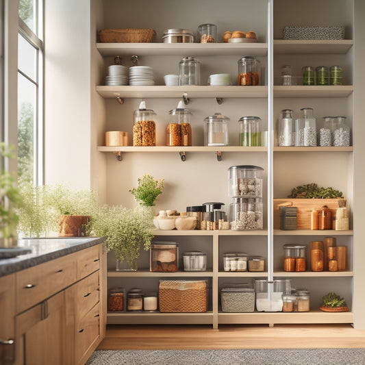 A modern kitchen interior showcasing organized cabinets with clear glass containers, tiered spice racks, pull-out drawers filled with utensils, and neatly stacked dishes, all bathed in warm, natural light for a cozy atmosphere.