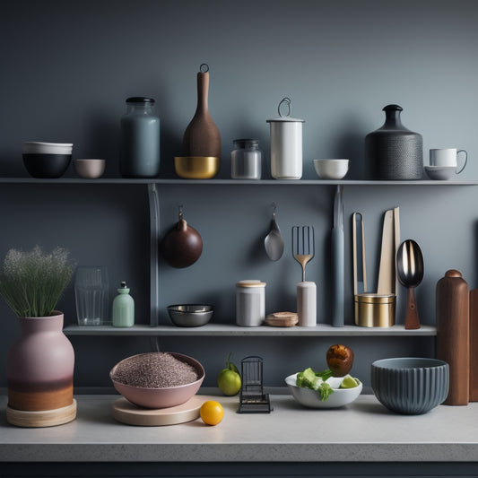 A kitchen shelf with five different liners, each with a distinct pattern and color, arranged in a staggered formation, with a few kitchen utensils and a vase on top, against a light-gray background.