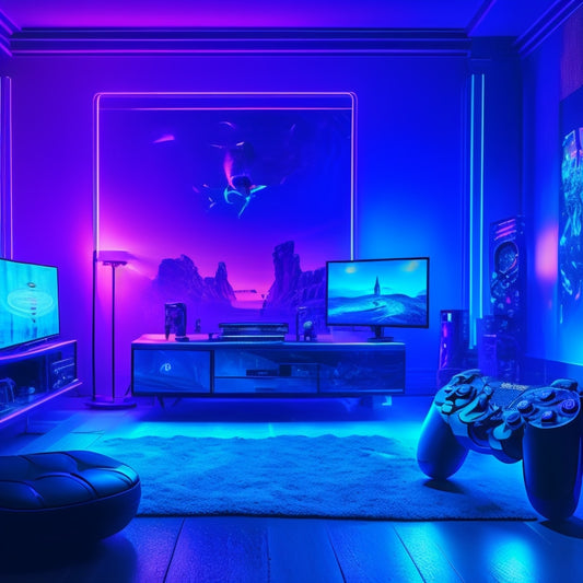 A darkened room with a massive screen displaying a vibrant, action-packed gaming scene, surrounded by a sleek PlayStation console, controllers, and immersive gaming accessories, bathed in a warm, blue-purple glow.