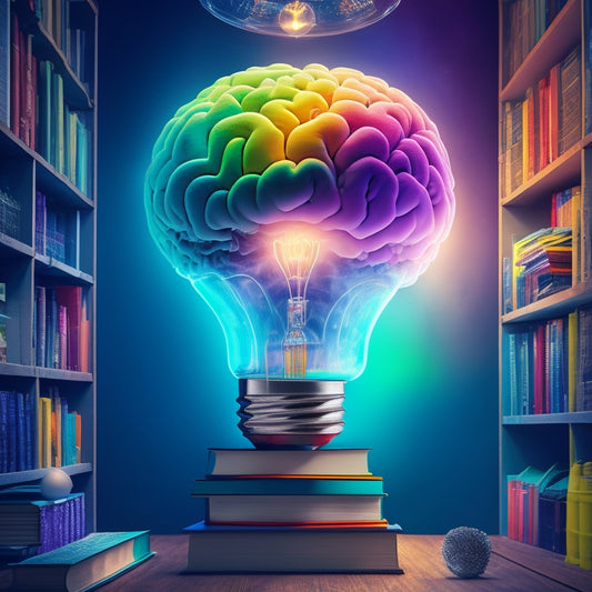 A vibrant, colorful illustration of a human brain surrounded by swirling clouds of connected ideas, with glowing lightbulbs and sparks radiating from the center, amidst a subtle background of bookshelves and academic icons.